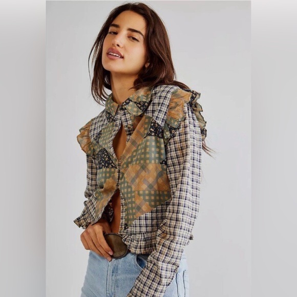 Free People Patchwork Plaid Ruffle Blouse - Picture 2 of 15